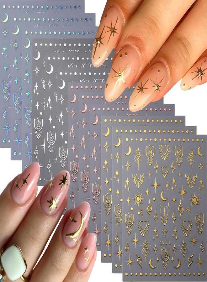 SPLOCUDU 12 Sheets Star Nail Art Stickers 3D Self-Adhesive Nail Decals Silver Aurora Gold Moon Nail Stickers for Nail Art Design Decoration Accessories for Women - Image 1